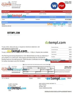 USA City of Clovis municipal water and sewer utility bill in Word and PDF format