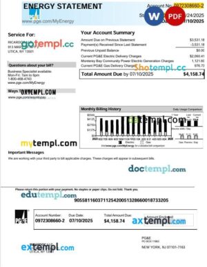USA PG&E Energy utility bill in Word and PDF format, 5 pages