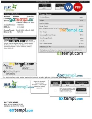 USA Texas Just Energy electricity utility bill in Word and PDF format