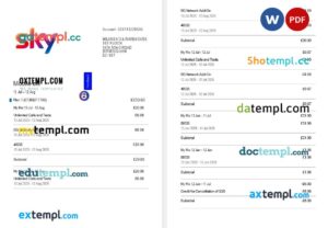 United Kingdom Sky UK mobile utility bill in Word and PDF format, 7 pages