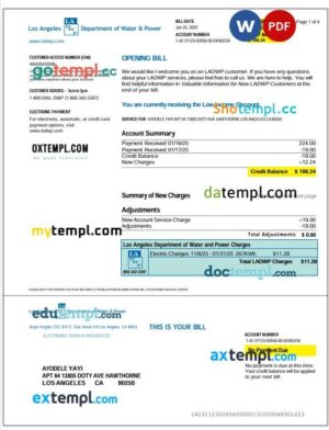 United States LADWP electric charges utility bill in Word and PDF format