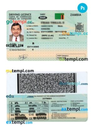 Zambia driving license PSD editable template, version 2
