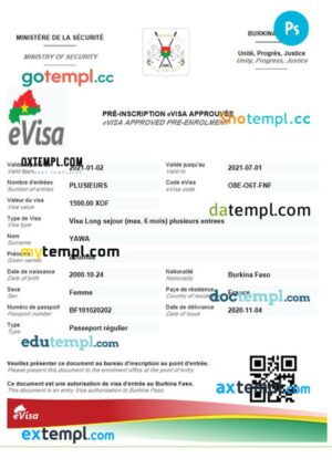 Burkina Faso e-visa template in PSD format, 2021-present