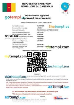 Cameroon e-visa template in PSD format, 2025-present