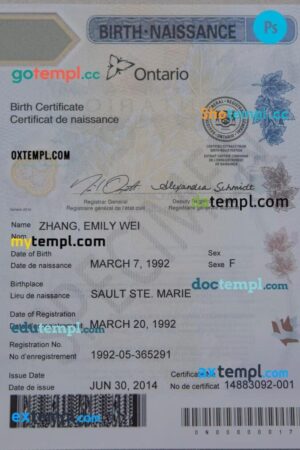 Canada Ontario death certificate in PSD format