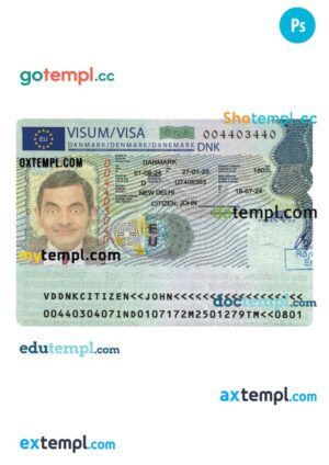 Denmark travel visa template in PSD format, 2024-present