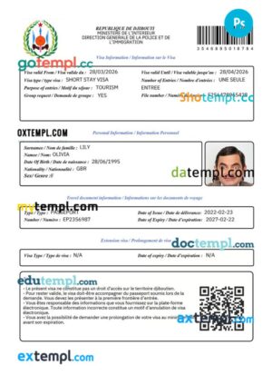 Djibouti e-visa template in PSD format, 2022-present