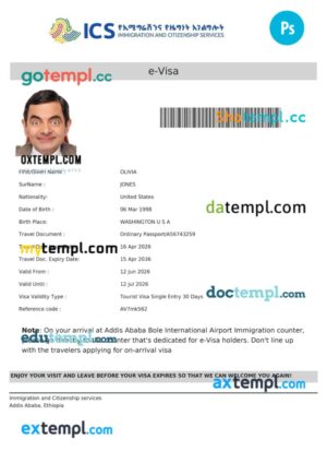 Ethiopia e-visa template in PSD format, 2026-present
