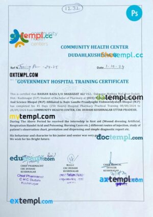 India CHC Government Hospital Training Certificate in PSD format