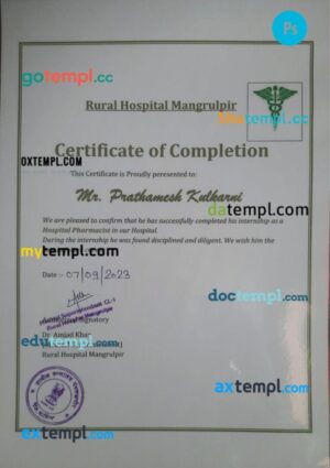 India Hospital Pharmacist medical certificate in PSD format