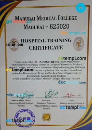 India Hospital Training certificate in PSD format