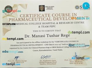 India SRM Medical College Hospital Course Certificate in PSD format