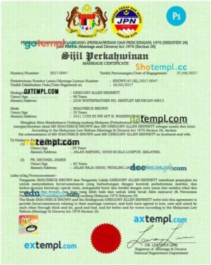 Malaysia National Registration Department marriage certificate in PSD format
