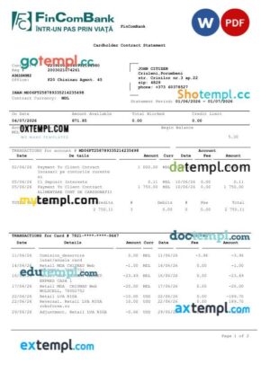 Moldova FinComBank bank statement template in Word and PDF format