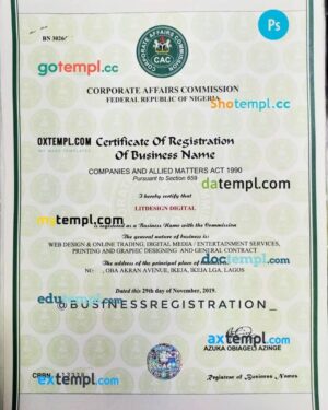 Nigeria Corporate Affairs Commission business certificate PSD template