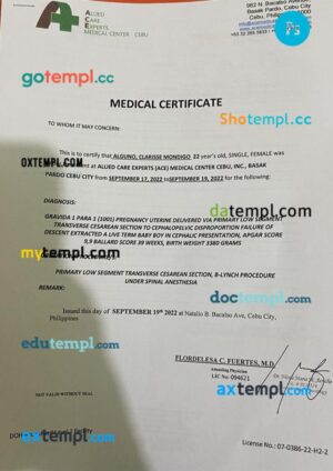 Philippines Cebu medical certificate in PSD format