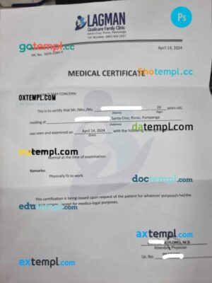 Philippines Lagman Qualicare Family Clinic medical certificate in PSD format