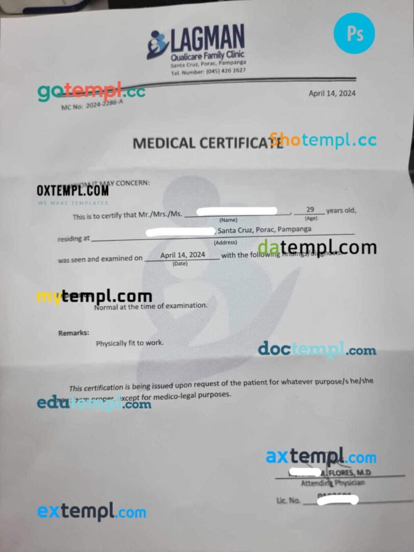 Philippines Lagman Qualicare Family Clinic medical certificate in PSD format