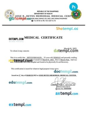 Phillippines Jose R.Reyes memorial medical certificate in PSD format