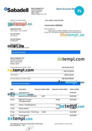 Spain Sabadell Bank statement template in PSD format