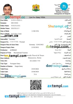 Syria e-visa template in PSD format, 2024-present
