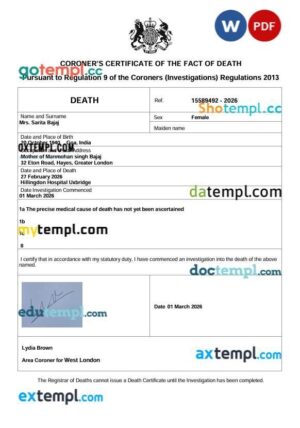 UK London Uxbridge death certificate in Word and PDF format