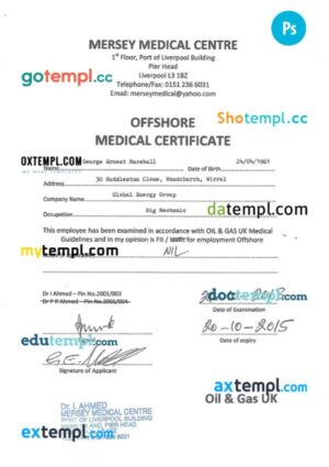 UK Offshore medical certificate in PSD format
