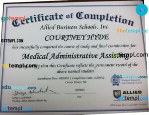 USA Allied Business Schools, Inc. medical certificate in PSD format