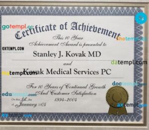 USA Kovak Medical Services PC medical practices certificate in PSD format