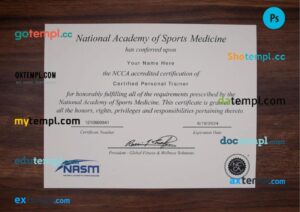 USA Personal Trainer medical certificate in PSD format