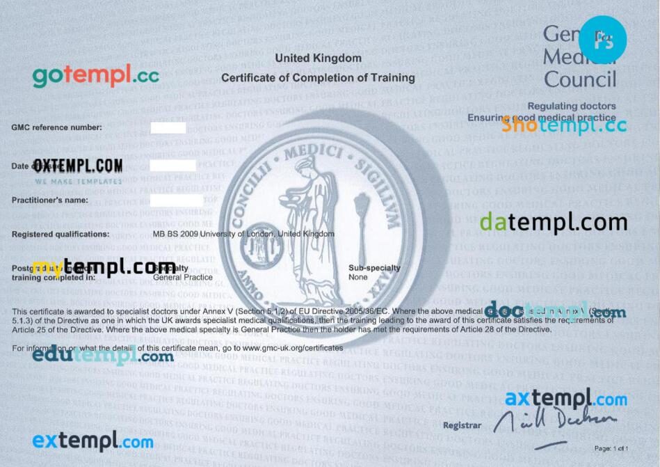 United Kingdom GMC medical certificate in PSD format