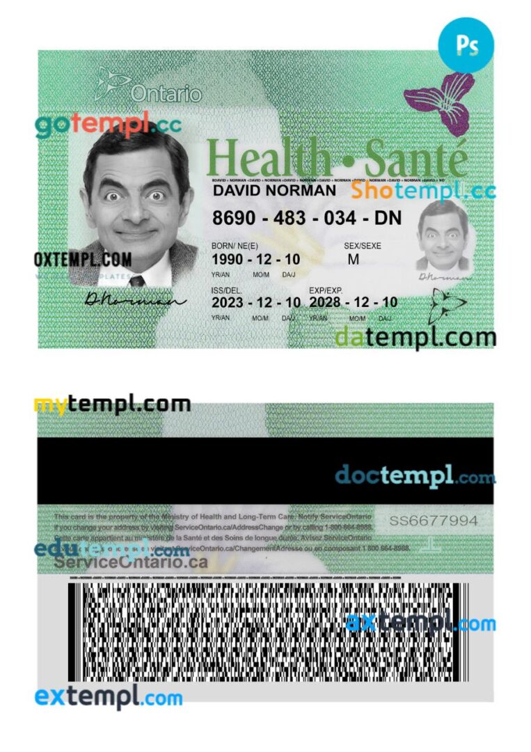 Canada Ontario health insurance card template in PSD format, 2023-present