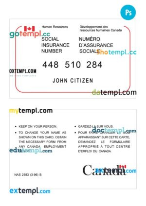 Canada social insurance number template in PSD format