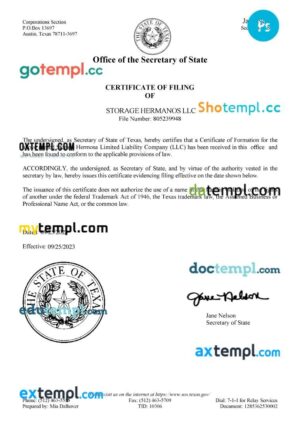 USA Texas business certificate of filing PSD template