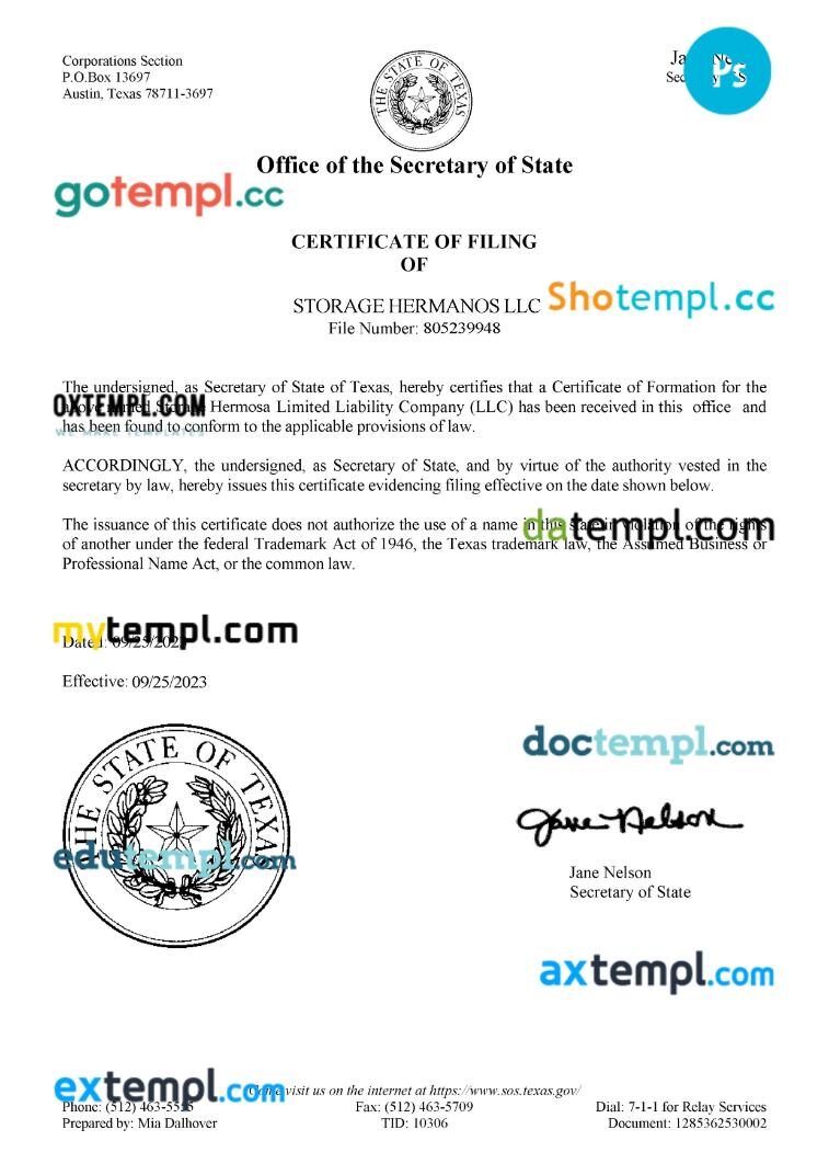 USA Texas business certificate of filing PSD template