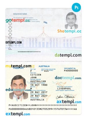 Australian passport (convention travel document) PSD template, version 2