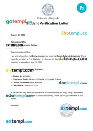 Serbia university of Belgrade student verification letter template in PSD format