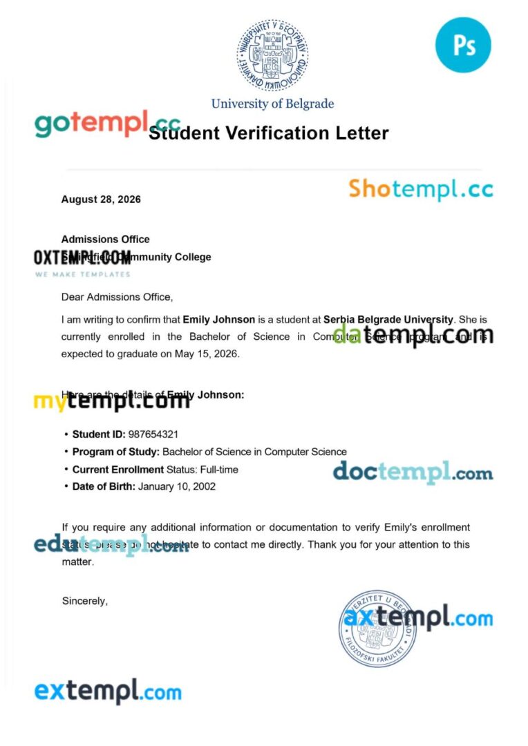 Serbia university of Belgrade student verification letter template in PSD format