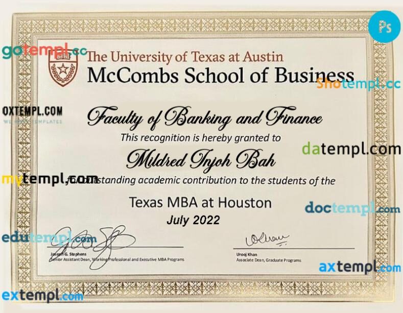 USA Texas McCombs School of Business diploma template in PSD format