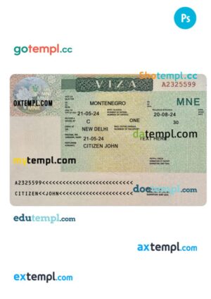 Montenegro travel visa template in PSD format, 2024-present