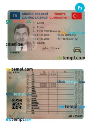 Turkey driving license PSD editable template, 2020-present